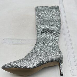 High Heels for Women Kitten Heel Pointed Toe Long Womens Boot Glitter Silver